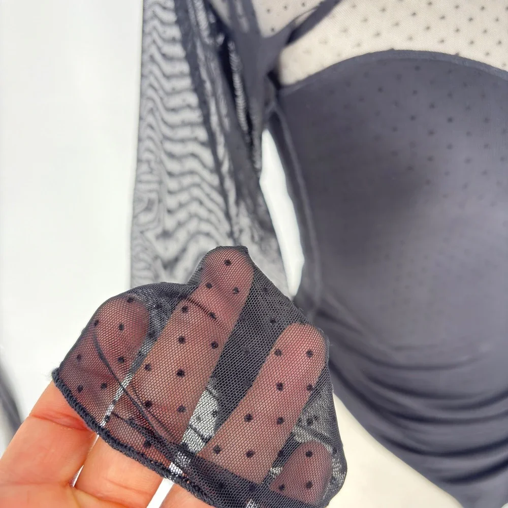 Abercrombie &‎ Fitch Bodysuit XS Black Long Sleeve Mesh Polka Dot Lace  Trim